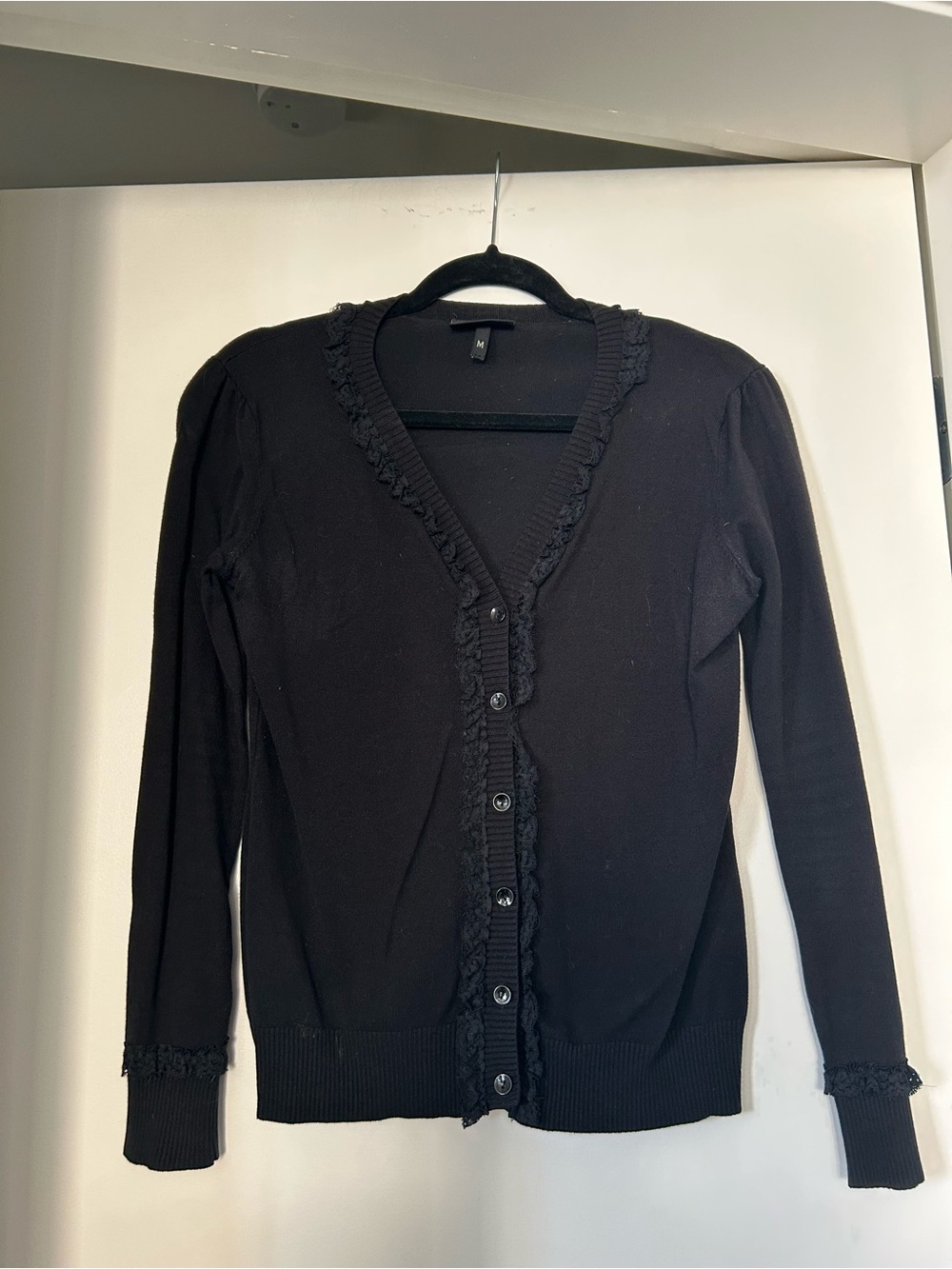 Sourpuss Black Ruffle-Trim V-Neck Cardigan Sweater - Sz M